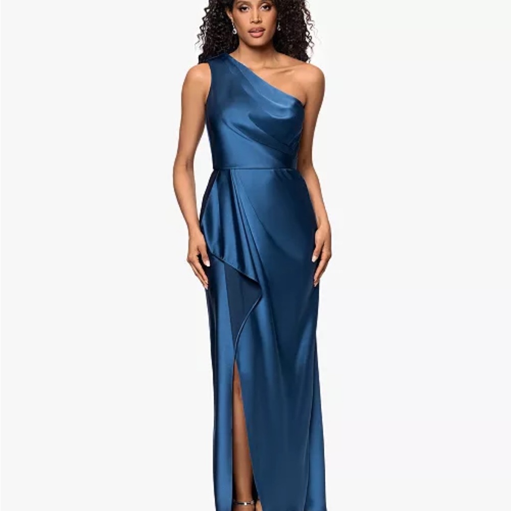 Xscape One-Shoulder Satin Dress in Deep Blue nwt gorgeous dress